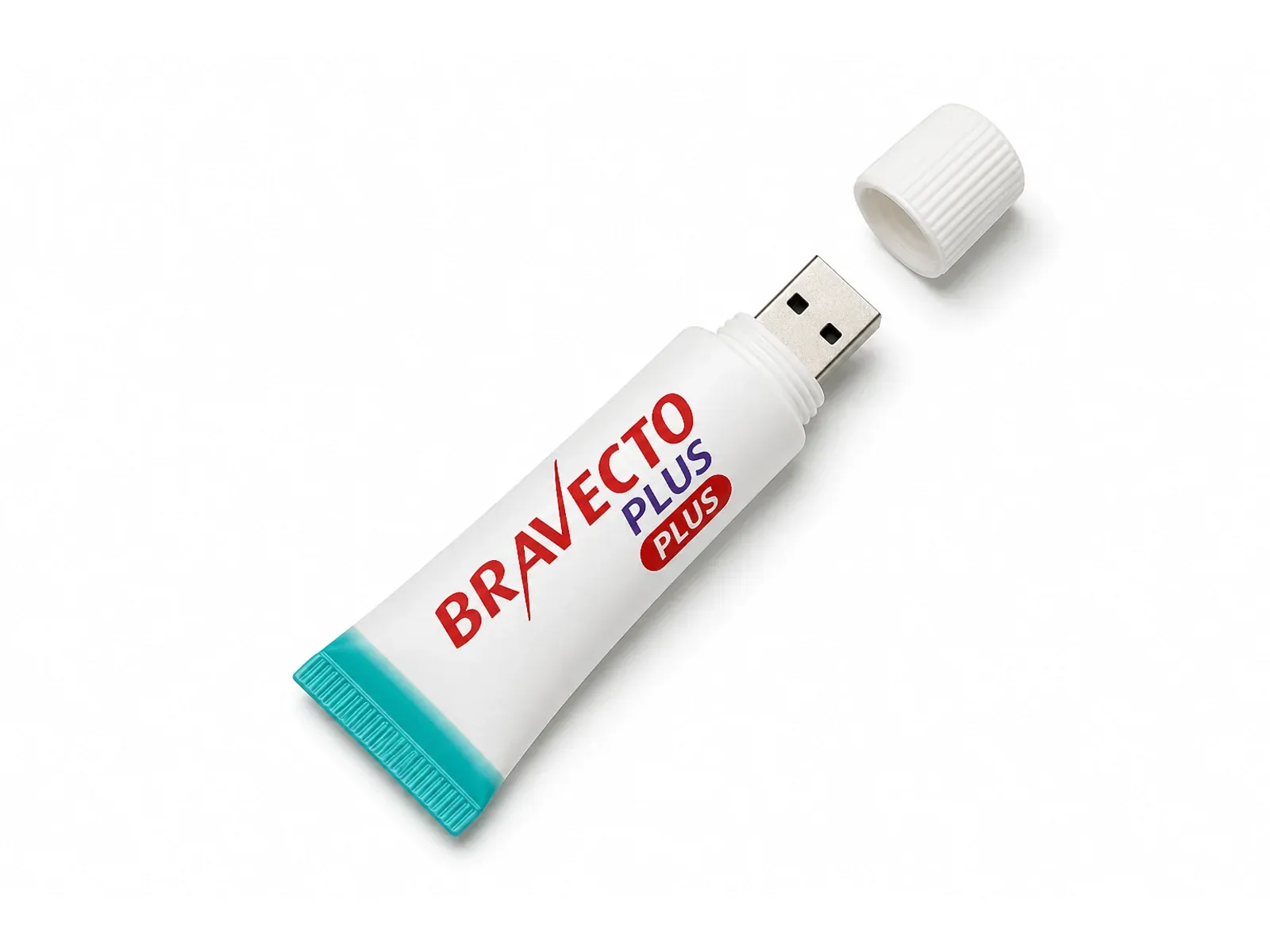 Pendrive PVC de forma personalizada tipo tubo Bravecto Plus, con tapa y conector USB-A