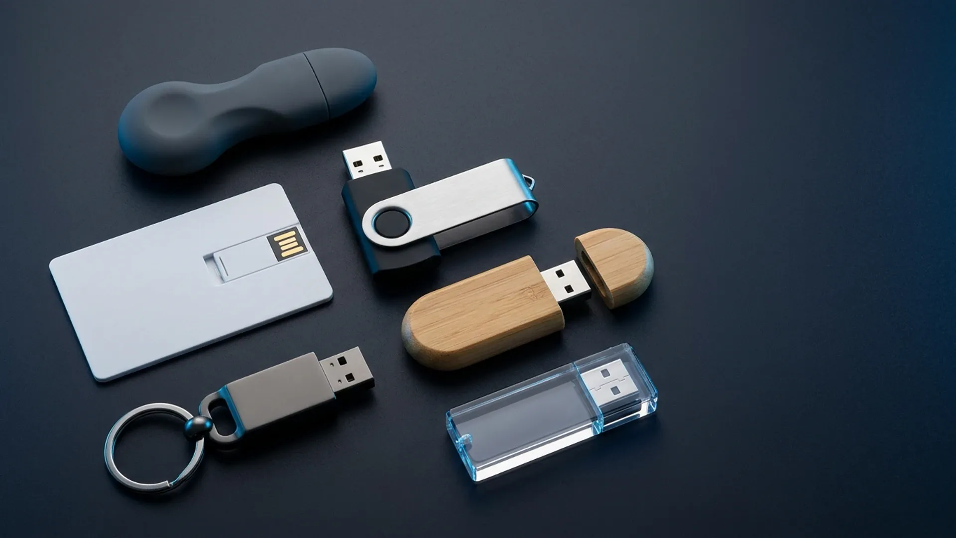 Pendrives USB personalizados de distintos materiales y formas, estilo catálogo corporativo