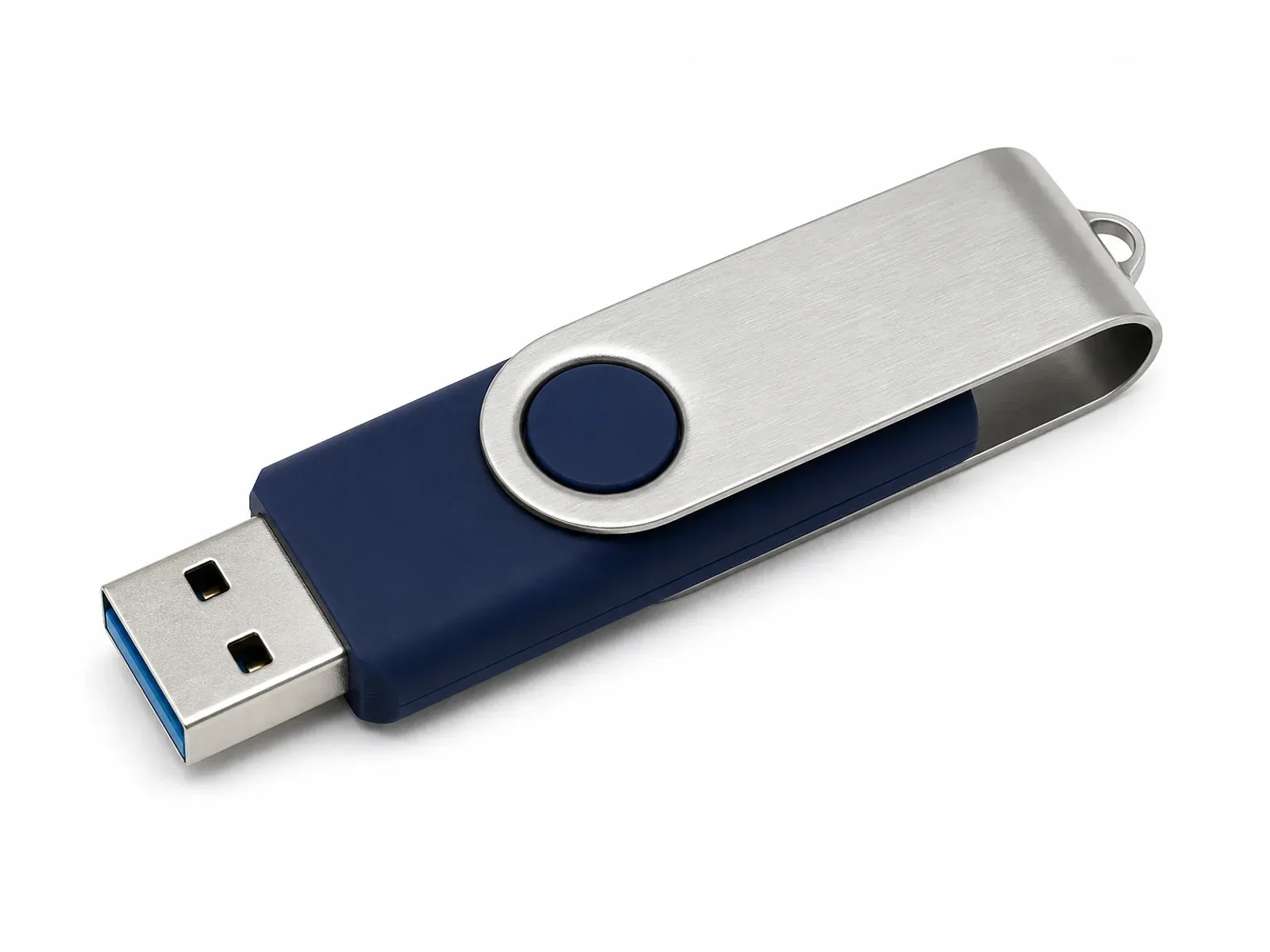 Pendrive giratorio de plástico azul marino y carcasa metálica plateada