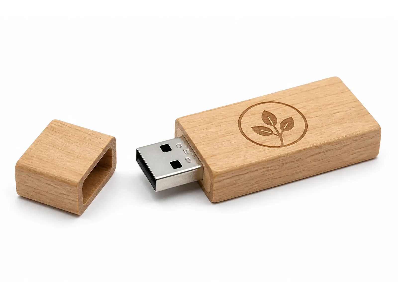 Pendrive de madera clara con tapa suelta y conector USB-A